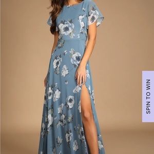 Classic love Slate Blue Floral Print Tie Back Maxi Dress